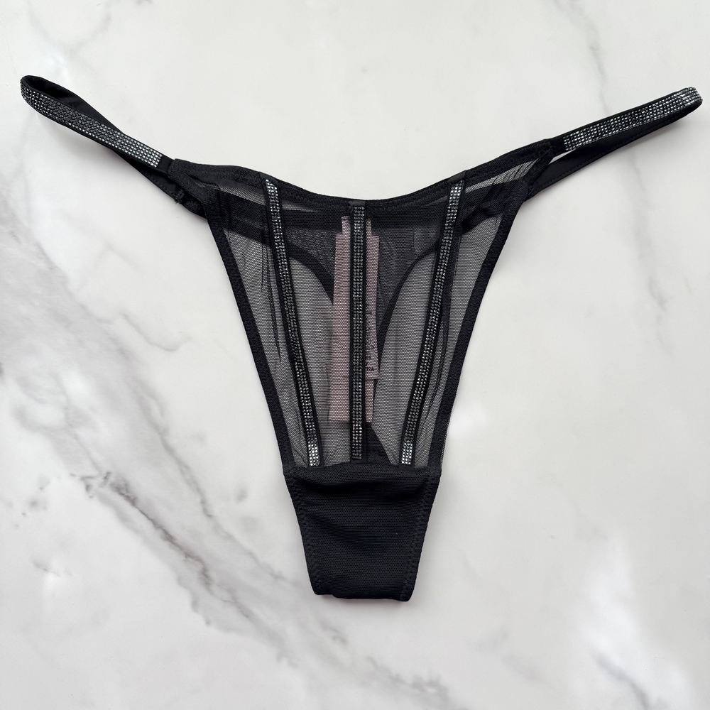 NWT VICTORIA'S SECRET VERY SEXY SHEER SHINE THONG PANTY IN BLACK/BLACK SZ M/L/XL